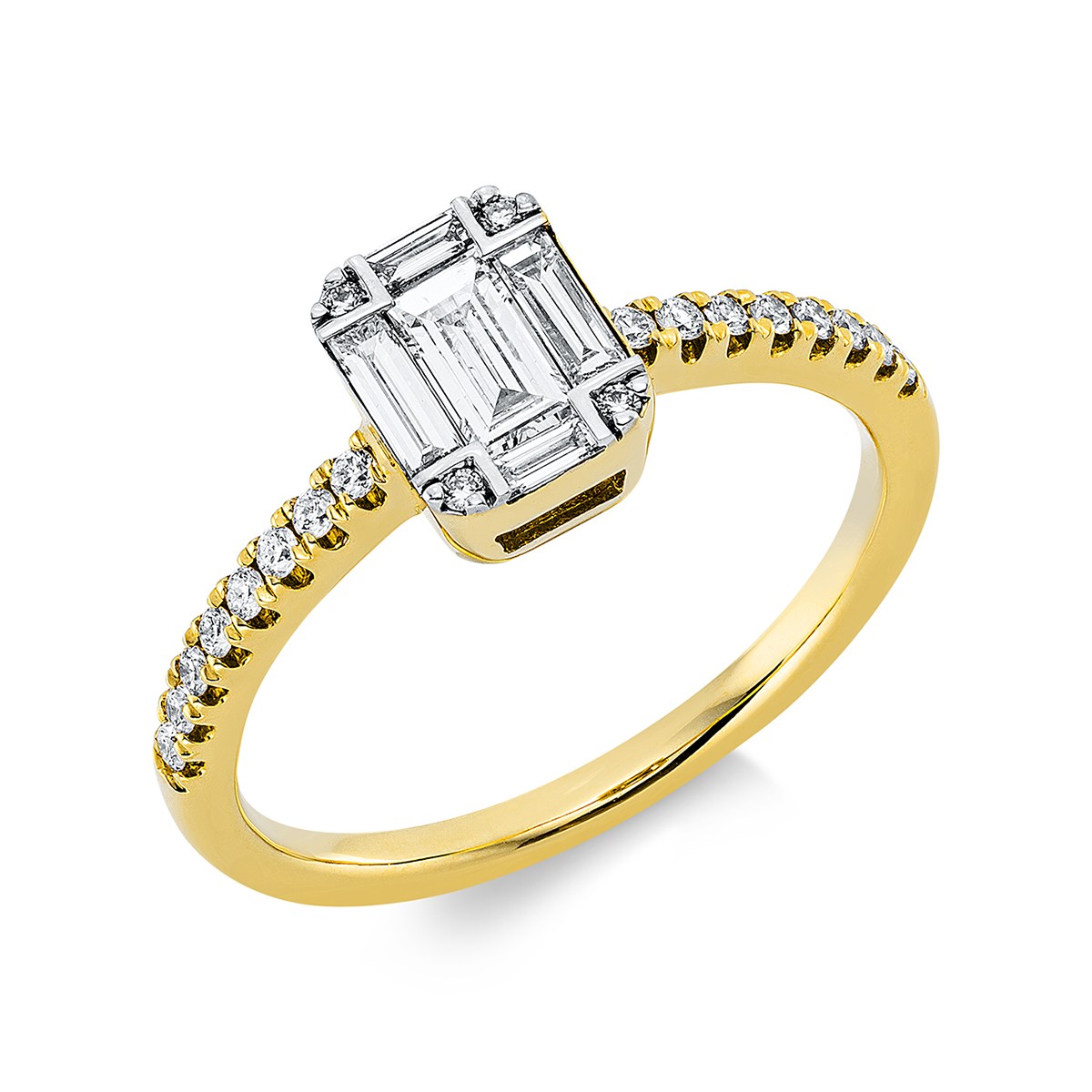 ring 18 kt YG, setting rhodium plated